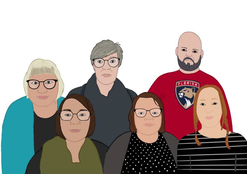 piirretyssä kuvassa kuusi ihmistä