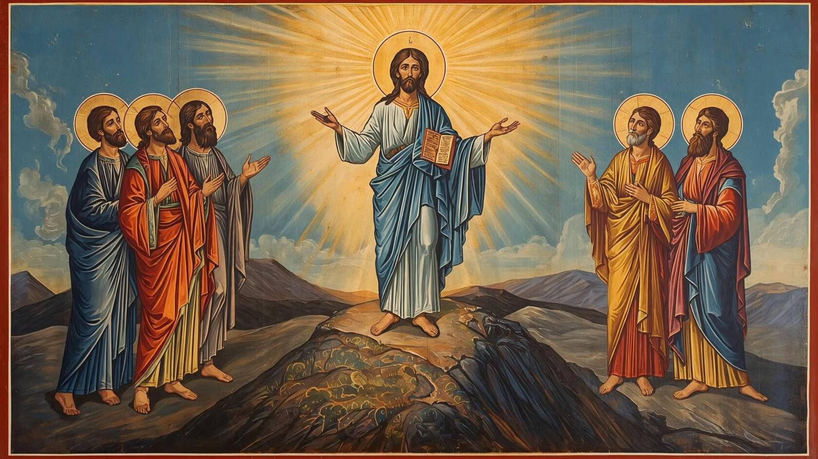 Ikonityyppinen maalaus, Jeesus kirkastuu - seurassa Elia ja Mooses sekä Jaakob, Johannes ja Pietari