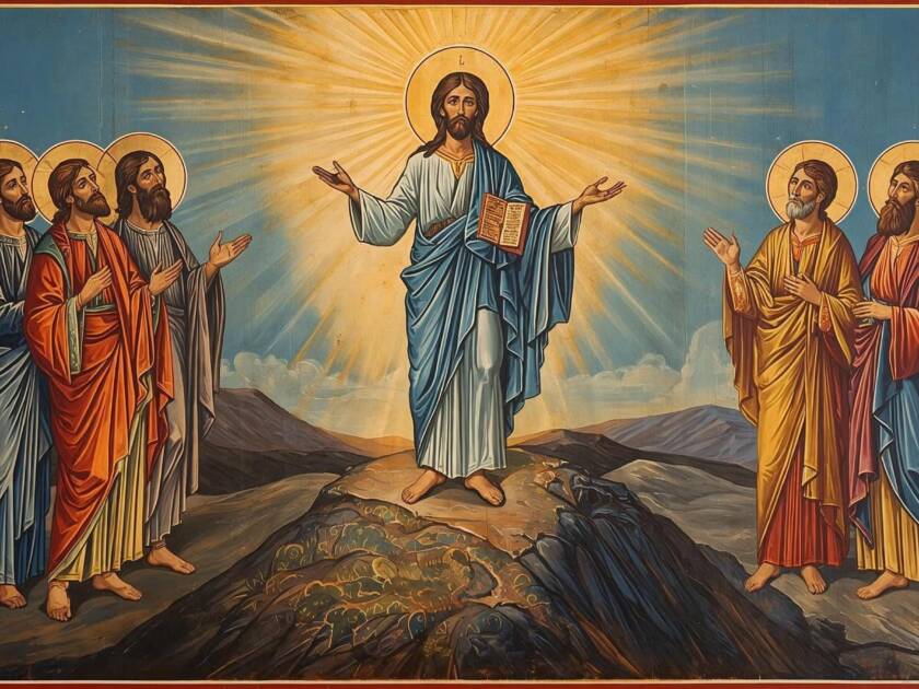 Ikonityyppinen maalaus, Jeesus kirkastuu - seurassa Elia ja Mooses sekä Jaakob, Johannes ja Pietari