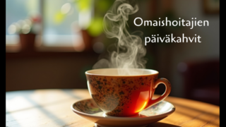 kahvikuppi ja teksti omaishoitajien päiväkahvit