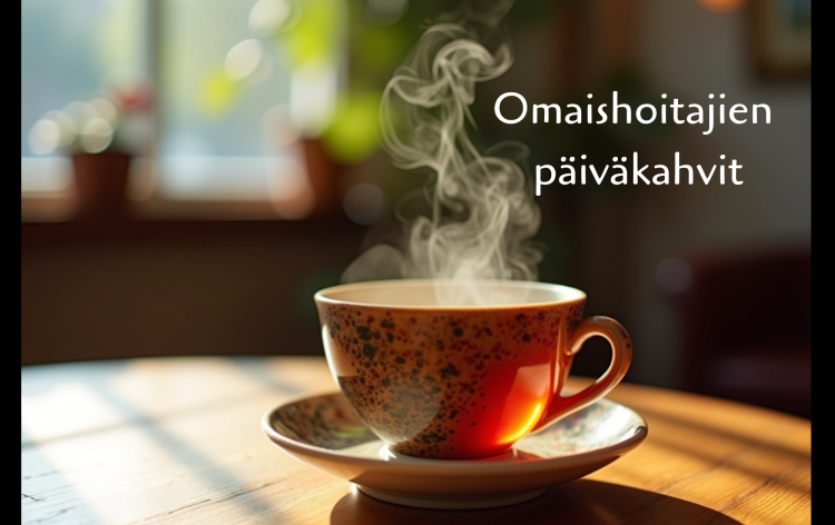kahvikuppi ja teksti omaishoitajien päiväkahvit