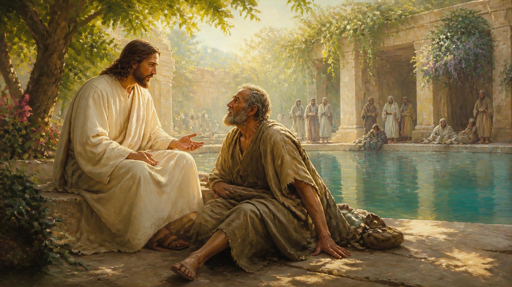 maalaus, jossa Jeesus halvaantuneen miehen kanssa Betesdan lammikolla