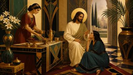 Art deco -tyylinen maalaus Martta ja Maria sekä Jeesus