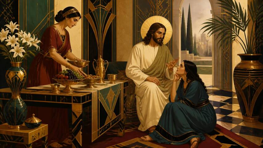Art deco -tyylinen maalaus Martta ja Maria sekä Jeesus