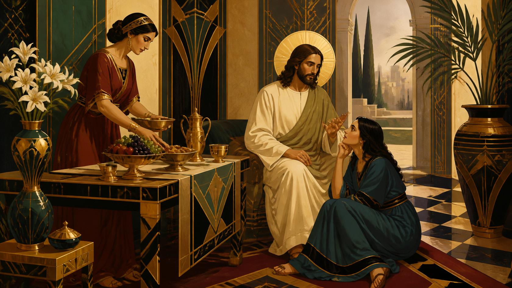 Art deco -tyylinen maalaus Martta ja Maria sekä Jeesus