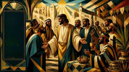 Jeesus puhuu uudesta ja vanhasta viinistä ihmisille, maalaus