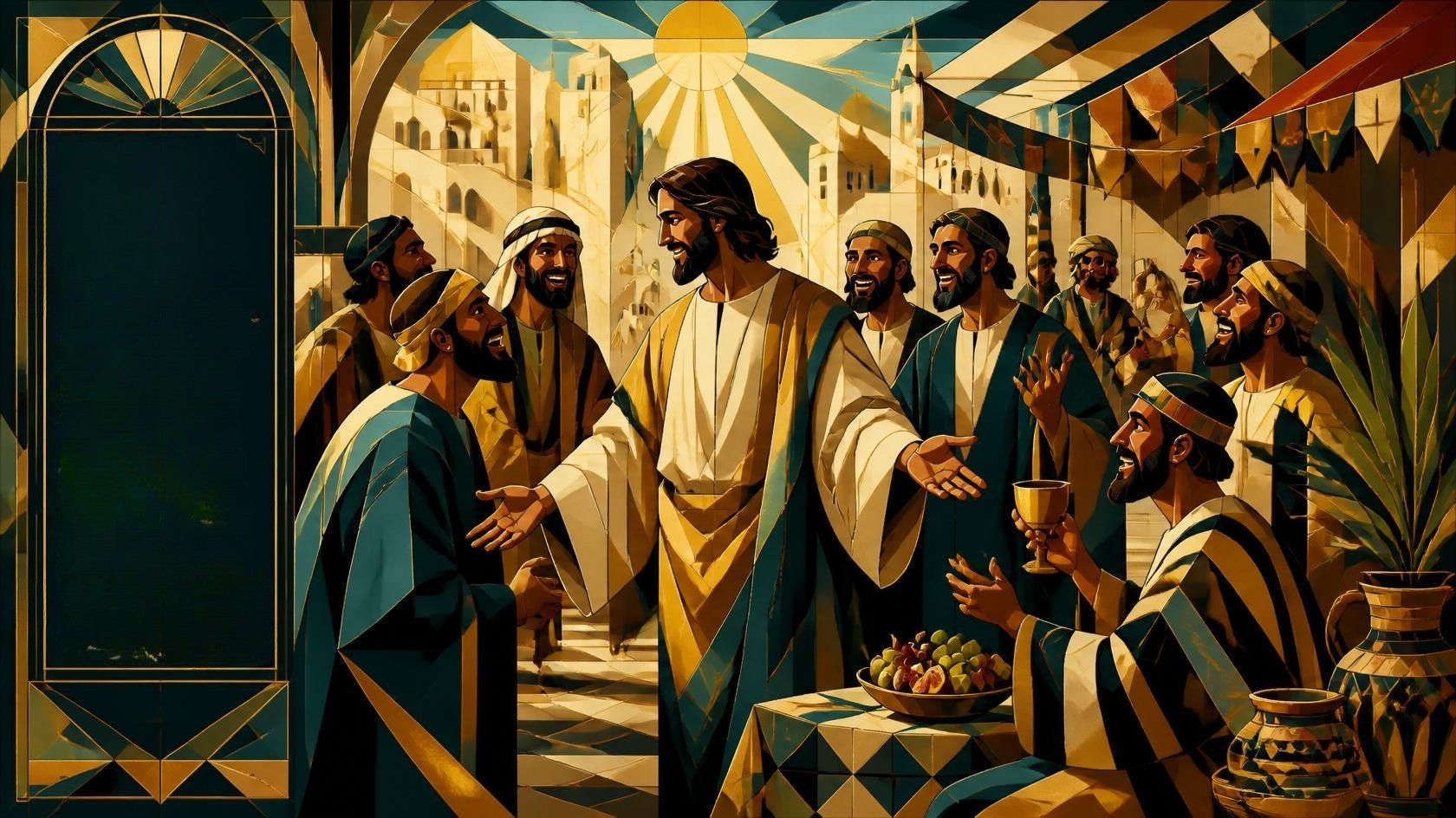 Jeesus puhuu uudesta ja vanhasta viinistä ihmisille, maalaus
