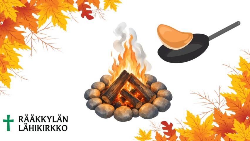 Kuvassa on nuotio, lettupannu ja syksyn lehtiä