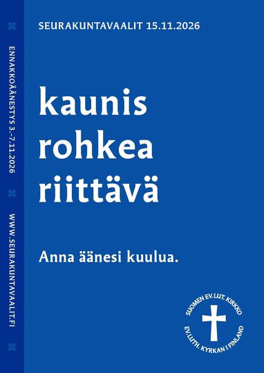 Sininen kuva: Seurakuntavaalit, kaunis, rohkea, riittävä-teksti